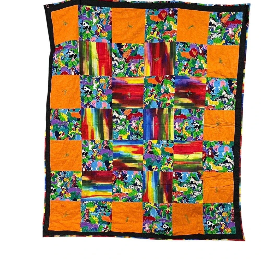 Handmade Reversible Twin Quilt 68x62 Colorful Jungle Animal Patchwork